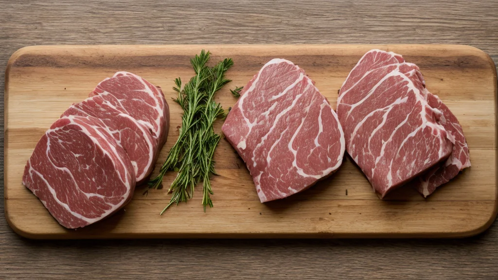 Сырая говядина кубиками на деревянной доске с овощами и зеленью