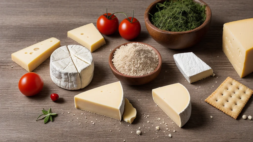 Ингредиенты для быстрых закусок: сыр, помидоры черри, крекеры и зелень на деревянном столе